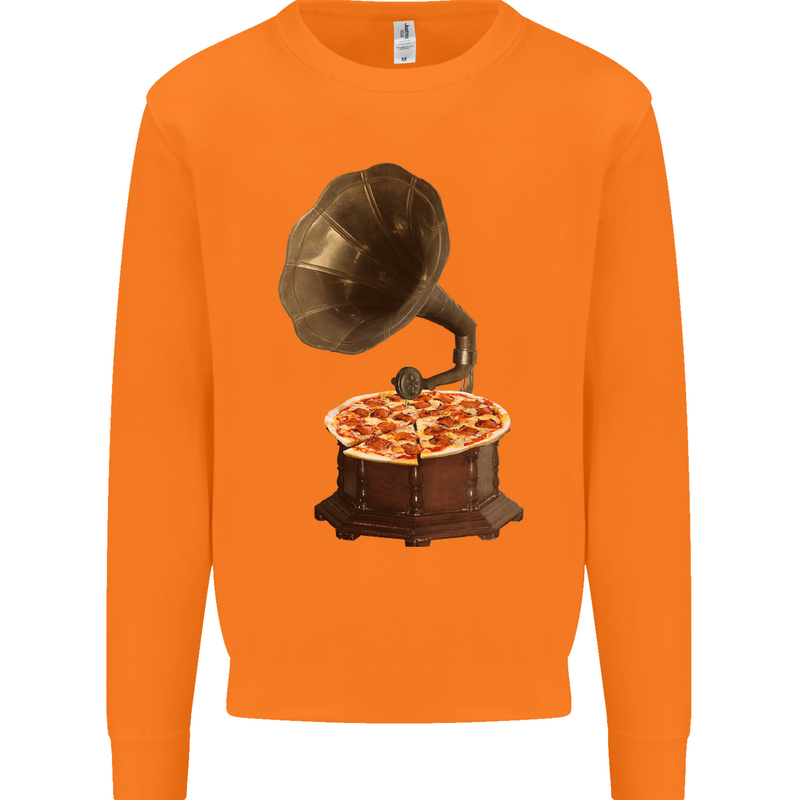 Pizza Gramophone Vinyl Records Turntable DJ Mens Sweatshirt Jumper Orange