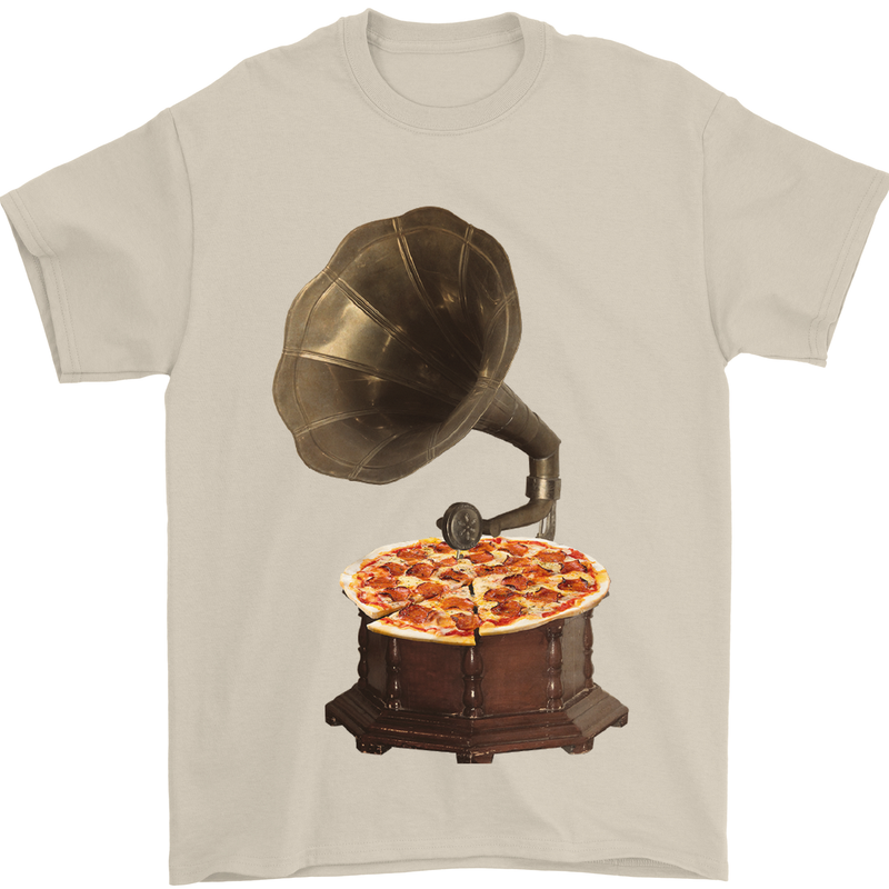 Pizza Gramophone Vinyl Records Turntable DJ Mens T-Shirt 100% Cotton Sand