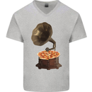 Pizza Gramophone Vinyl Records Turntable DJ Mens V-Neck Cotton T-Shirt Sports Grey