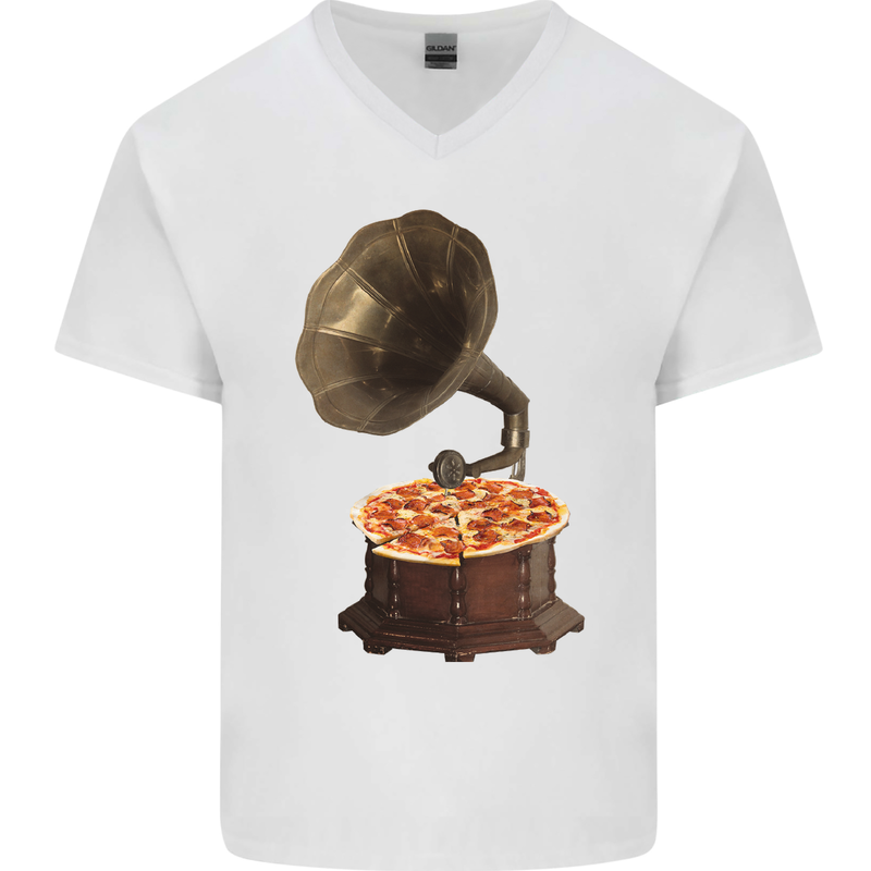 Pizza Gramophone Vinyl Records Turntable DJ Mens V-Neck Cotton T-Shirt White