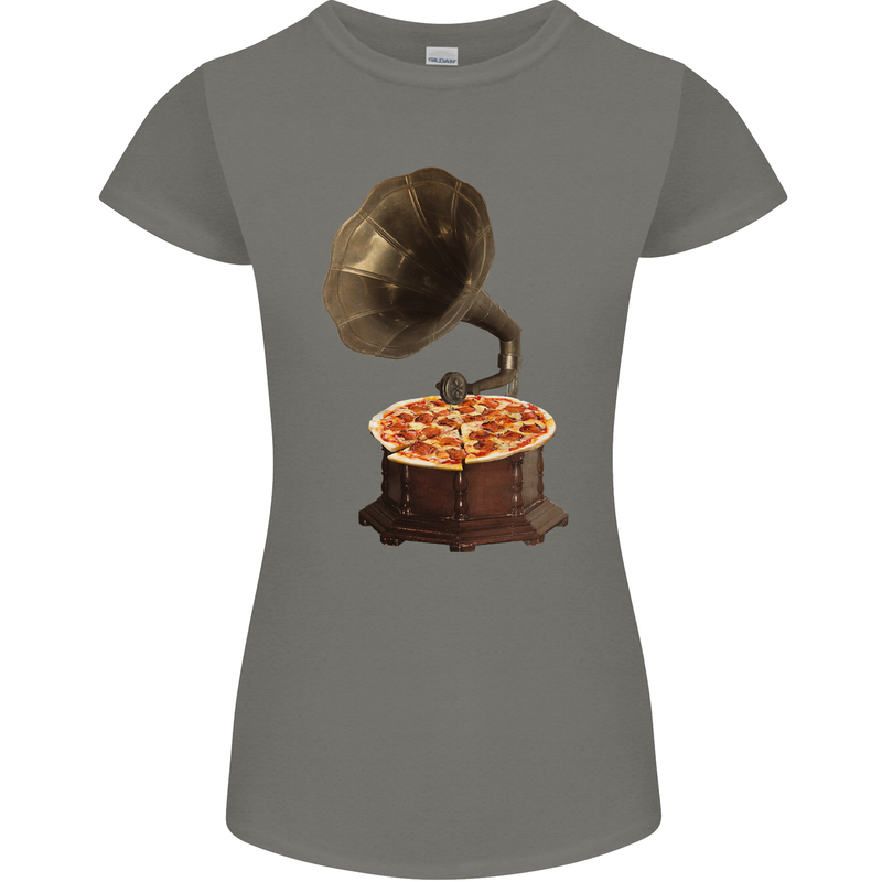 Pizza Gramophone Vinyl Records Turntable DJ Womens Petite Cut T-Shirt Charcoal