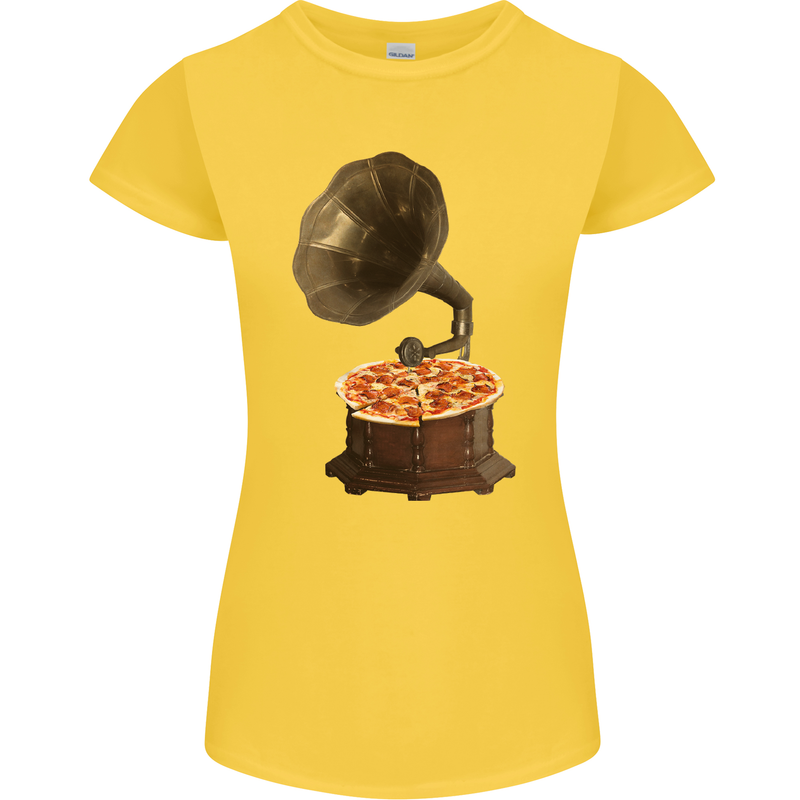 Pizza Gramophone Vinyl Records Turntable DJ Womens Petite Cut T-Shirt Yellow