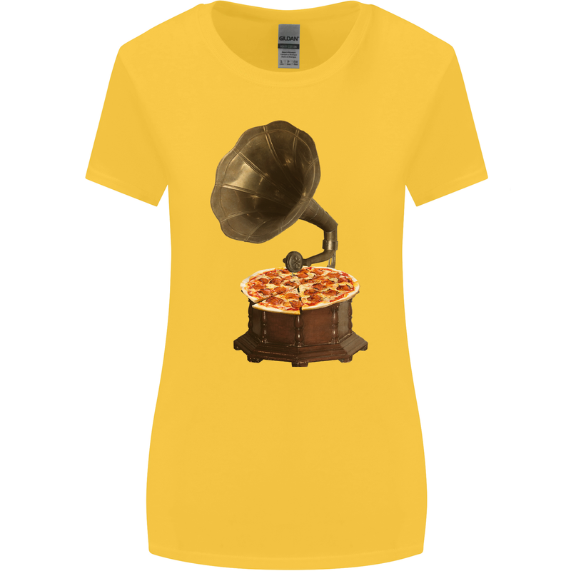 Pizza Gramophone Vinyl Records Turntable DJ Womens Wider Cut T-Shirt Yellow