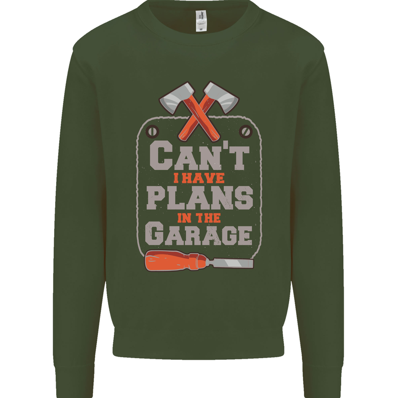 Plans In the Garage Carpenter DIY Tradesman Kids Sweatshirt Jumper Forest Green