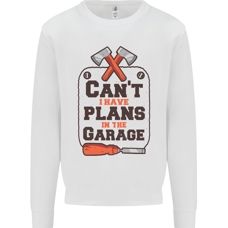 Plans In the Garage Carpentry DIY Tradesman Kids Sweatshirt Jumper White