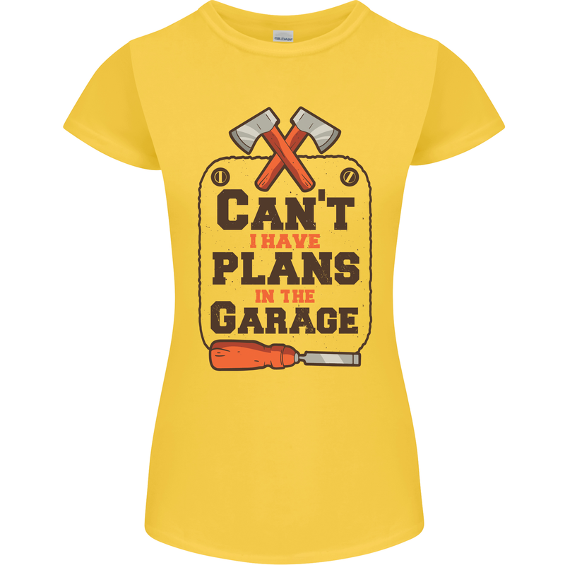 Plans In the Garage Carpentry DIY Tradesman Womens Petite Cut T-Shirt Yellow