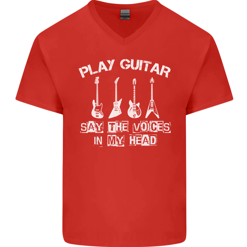 Play Guitar Say Voices in My Head Guitarist Mens V-Neck Cotton T-Shirt Red