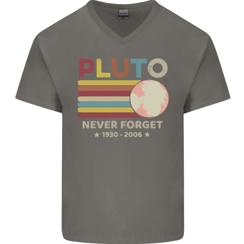 Pluto Never Forget Space Astronomy Planet Mens V-Neck Cotton T-Shirt Charcoal