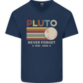 Pluto Never Forget Space Astronomy Planet Mens V-Neck Cotton T-Shirt Navy Blue