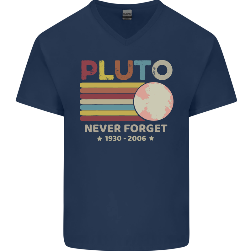 Pluto Never Forget Space Astronomy Planet Mens V-Neck Cotton T-Shirt Navy Blue