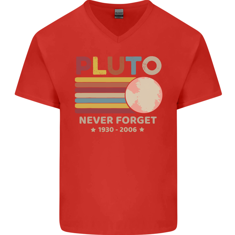 Pluto Never Forget Space Astronomy Planet Mens V-Neck Cotton T-Shirt Red
