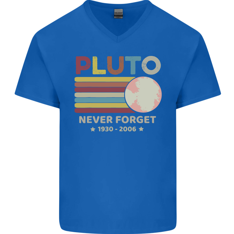 Pluto Never Forget Space Astronomy Planet Mens V-Neck Cotton T-Shirt Royal Blue