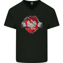 Poland Flag Gym Ripped Torn Polish Polska Mens V-Neck Cotton T-Shirt Black