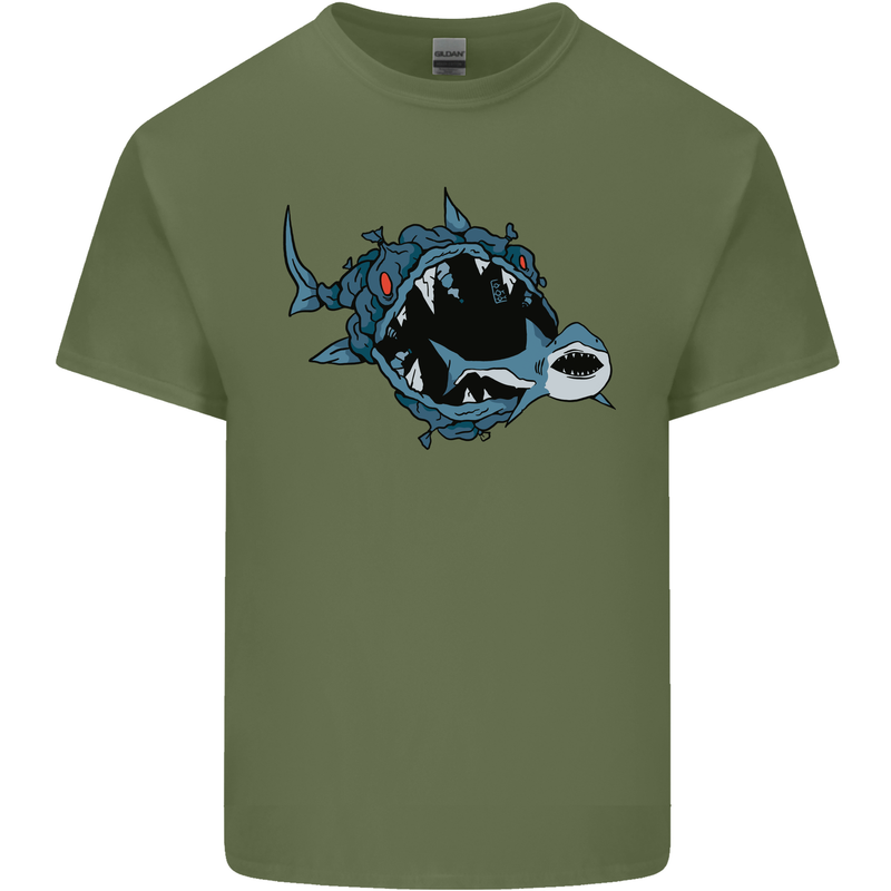 Pollution Great White Shark Climate Change Mens Cotton T-Shirt Tee Top Military Green