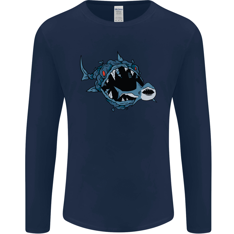 Pollution Great White Shark Climate Change Mens Long Sleeve T-Shirt Navy Blue