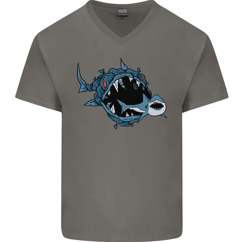 Pollution Great White Shark Climate Change Mens V-Neck Cotton T-Shirt Charcoal
