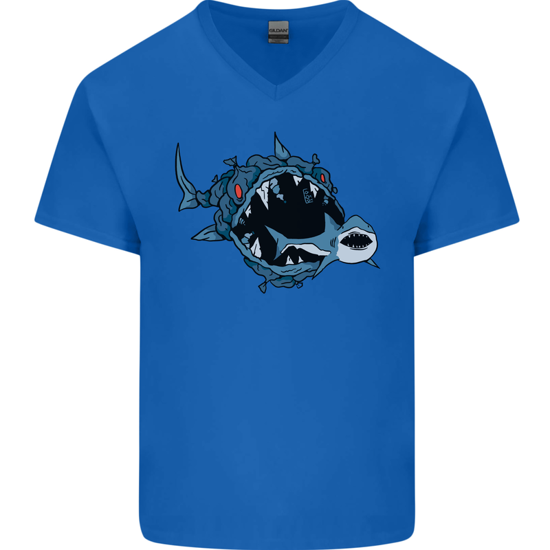 Pollution Great White Shark Climate Change Mens V-Neck Cotton T-Shirt Royal Blue