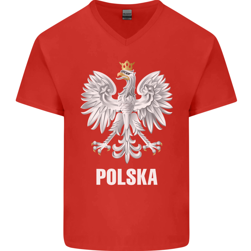 Polska Orzel Poland Flag Polish Football Mens V-Neck Cotton T-Shirt Red