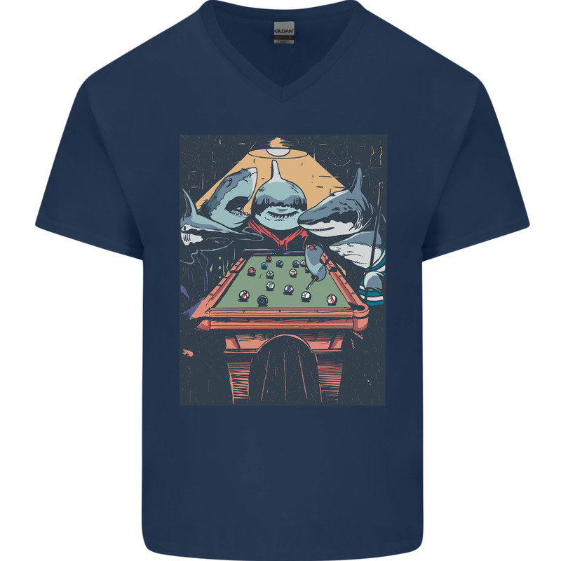 Pool Shark Snooker Player Mens V-Neck Cotton T-Shirt Navy Blue