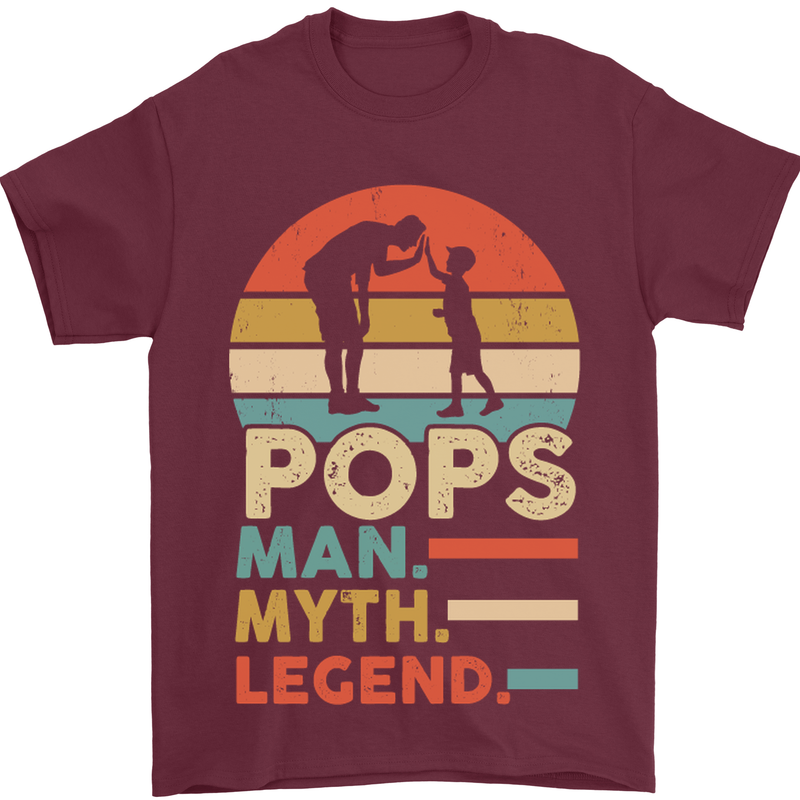 Pops Man Myth Legend Funny Fathers Day Mens T-Shirt Cotton Gildan Maroon