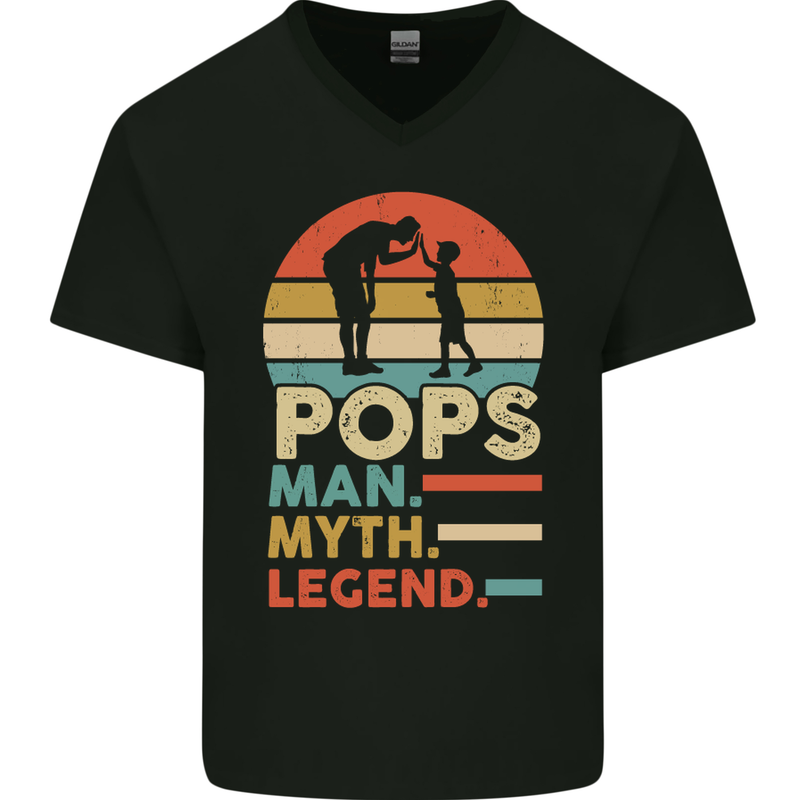 Pops Man Myth Legend Funny Fathers Day Mens V-Neck Cotton T-Shirt Black