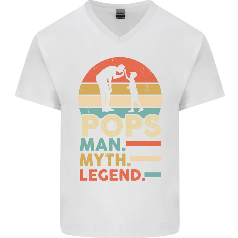 Pops Man Myth Legend Funny Fathers Day Mens V-Neck Cotton T-Shirt White