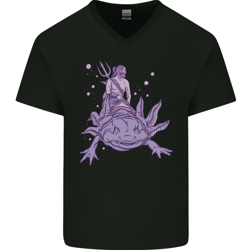 Poseidon Riding an Axaloti Mens V-Neck Cotton T-Shirt Black