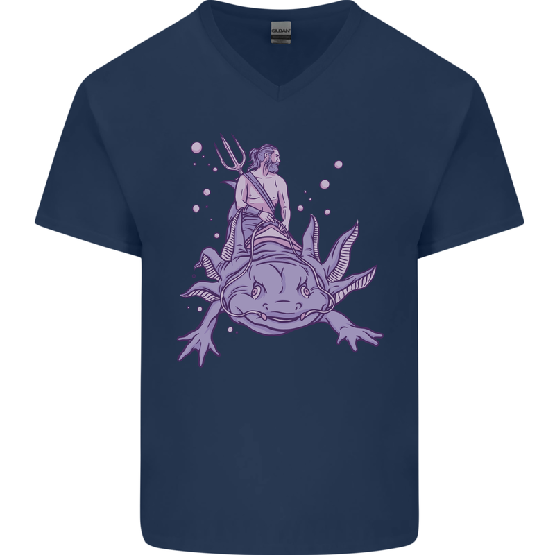 Poseidon Riding an Axaloti Mens V-Neck Cotton T-Shirt Navy Blue