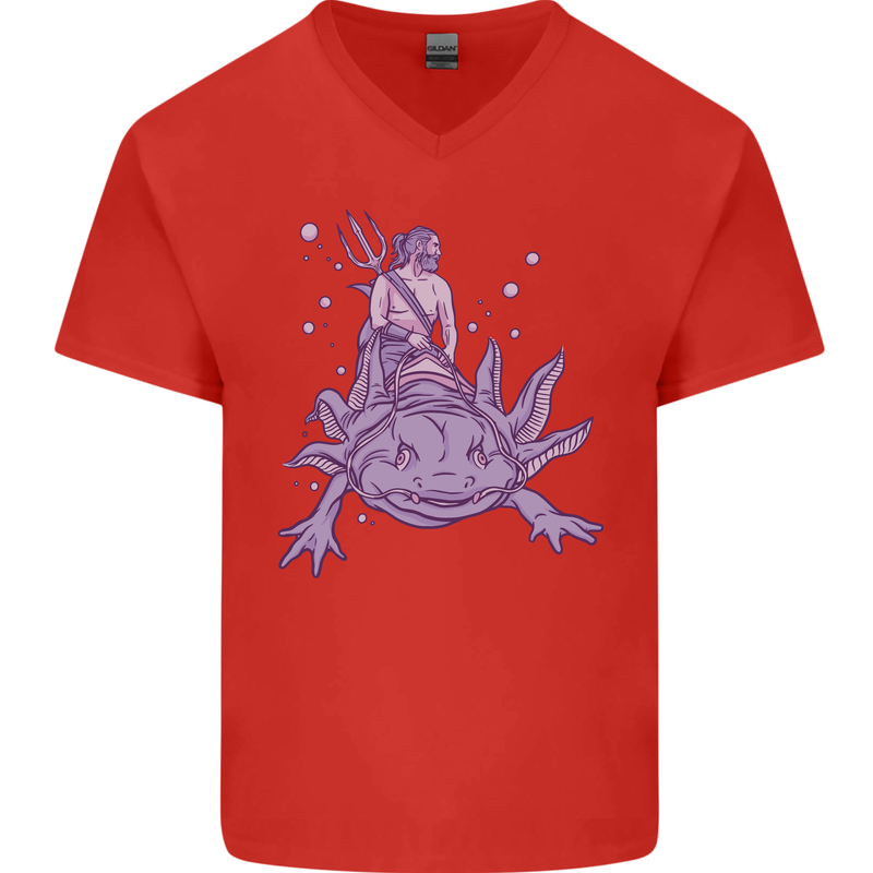 Poseidon Riding an Axaloti Mens V-Neck Cotton T-Shirt Red