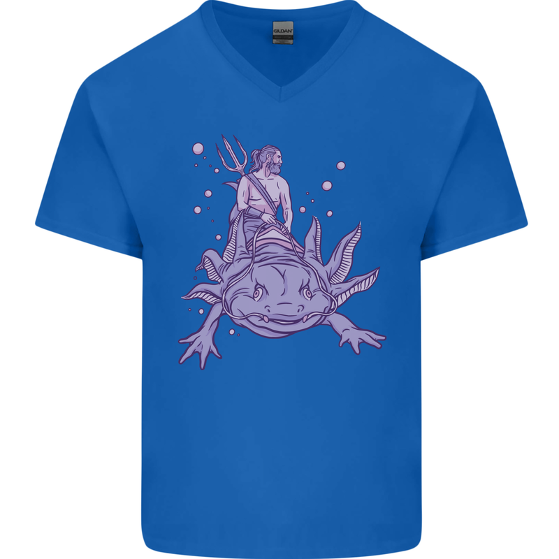 Poseidon Riding an Axaloti Mens V-Neck Cotton T-Shirt Royal Blue