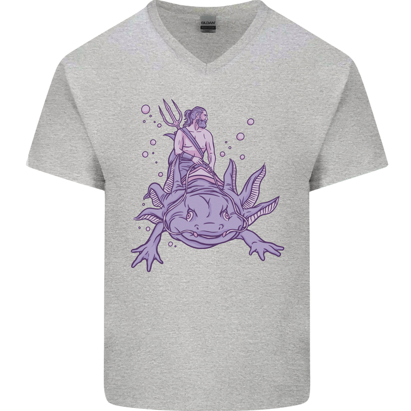 Poseidon Riding an Axaloti Mens V-Neck Cotton T-Shirt Sports Grey