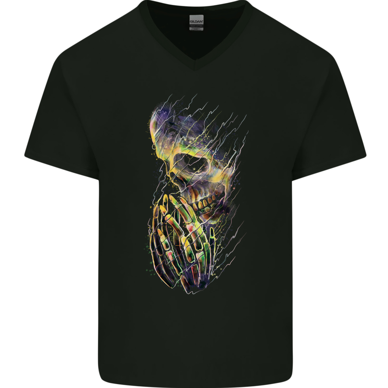 Praying Skull Gothic Biker Heavy Metal Rock Mens V-Neck Cotton T-Shirt Black