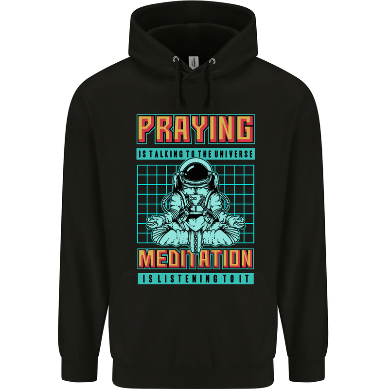 Praying and Meditation Space Universe Yoga Mens 80% Cotton Hoodie Black