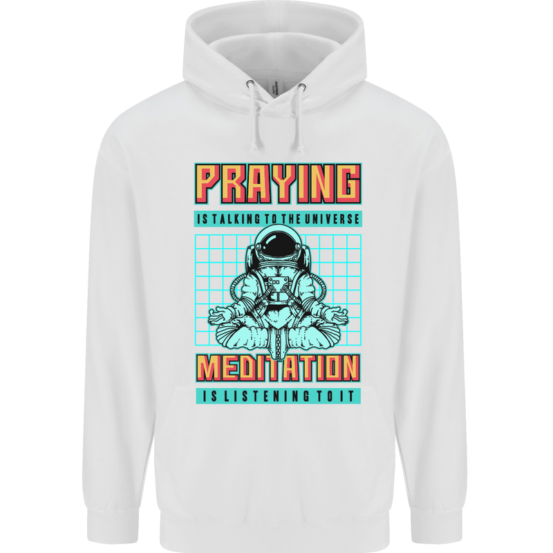 Praying and Meditation Space Universe Yoga Mens 80% Cotton Hoodie White