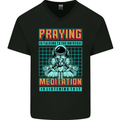 Praying and Meditation Space Universe Yoga Mens V-Neck Cotton T-Shirt Black