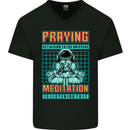 Praying and Meditation Space Universe Yoga Mens V-Neck Cotton T-Shirt Black