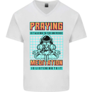Praying and Meditation Space Universe Yoga Mens V-Neck Cotton T-Shirt White