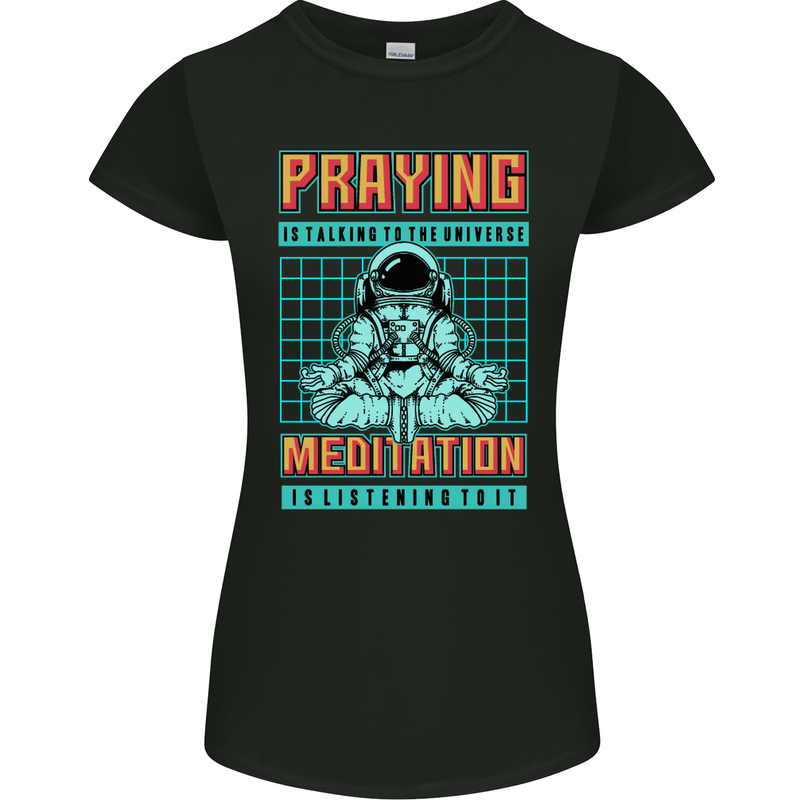 Praying and Meditation Space Universe Yoga Womens Petite Cut T-Shirt Black