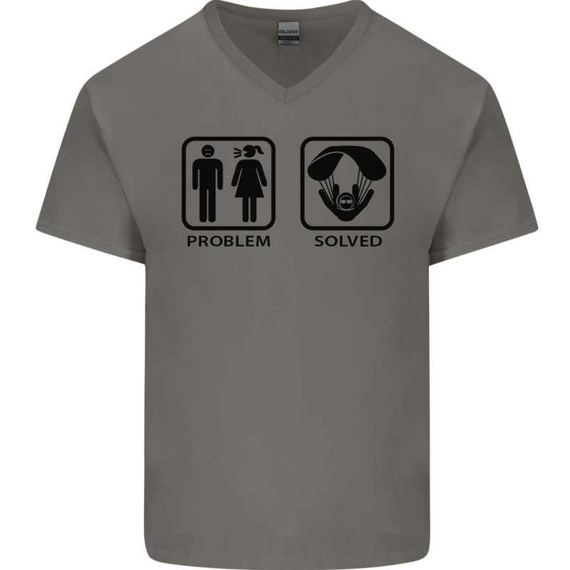 Problem Solved Skydive Freefall Paras Mens V-Neck Cotton T-Shirt Charcoal