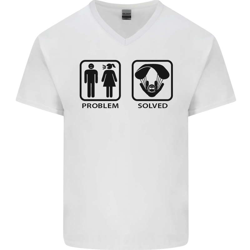 Problem Solved Skydive Freefall Paras Mens V-Neck Cotton T-Shirt White
