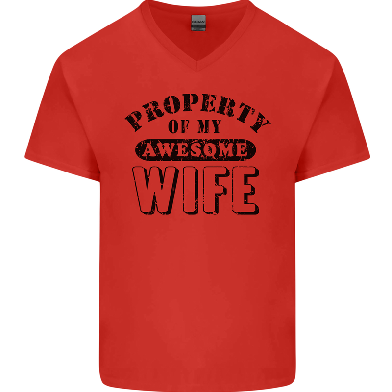 Property of My Awesome Wife Valentine's Day Mens V-Neck Cotton T-Shirt Red