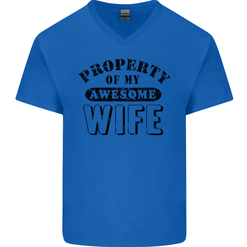 Property of My Awesome Wife Valentine's Day Mens V-Neck Cotton T-Shirt Royal Blue