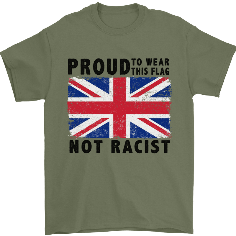 Proud to Wear Flag Not Racist Union Jack Mens T-Shirt Cotton Gildan Military Green