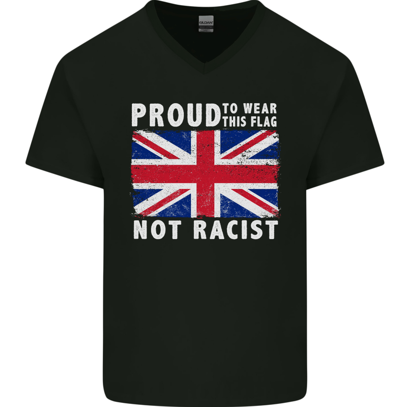 Proud to Wear Flag Not Racist Union Jack Mens V-Neck Cotton T-Shirt Black