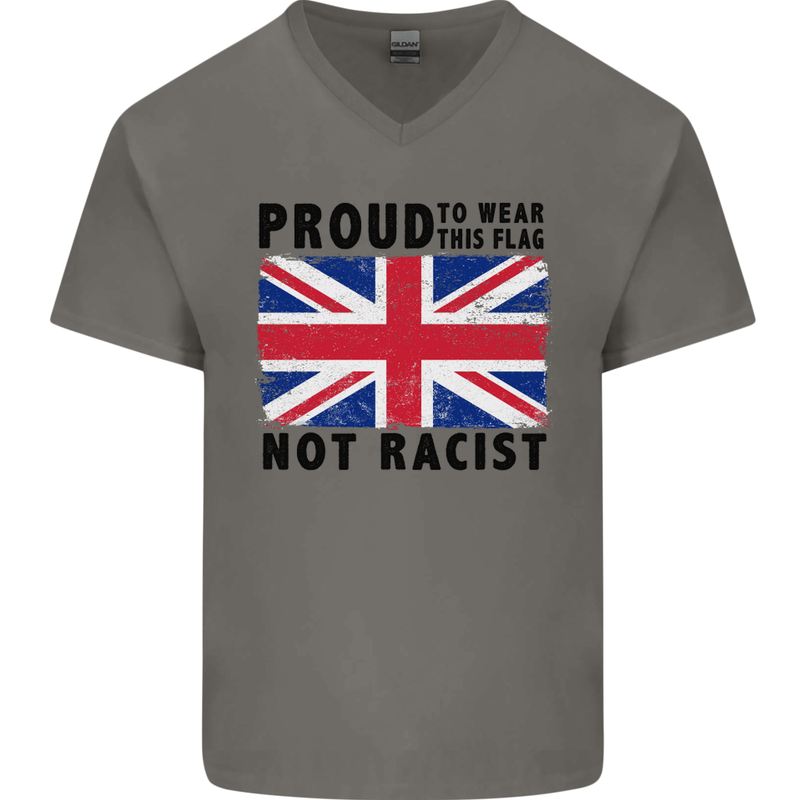 Proud to Wear Flag Not Racist Union Jack Mens V-Neck Cotton T-Shirt Charcoal