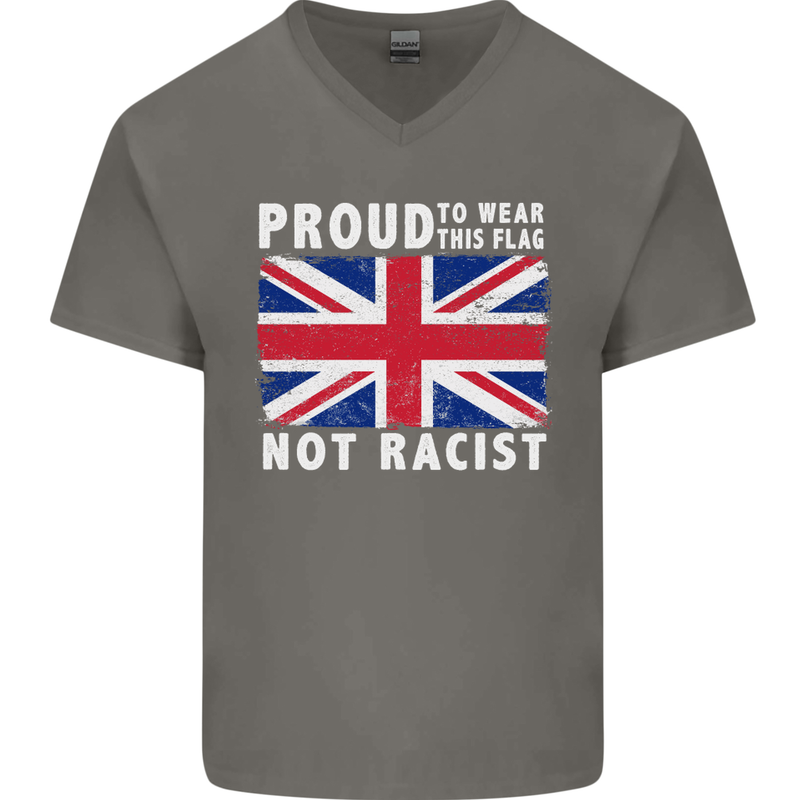 Proud to Wear Flag Not Racist Union Jack Mens V-Neck Cotton T-Shirt Charcoal