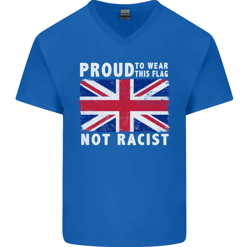 Proud to Wear Flag Not Racist Union Jack Mens V-Neck Cotton T-Shirt Royal Blue