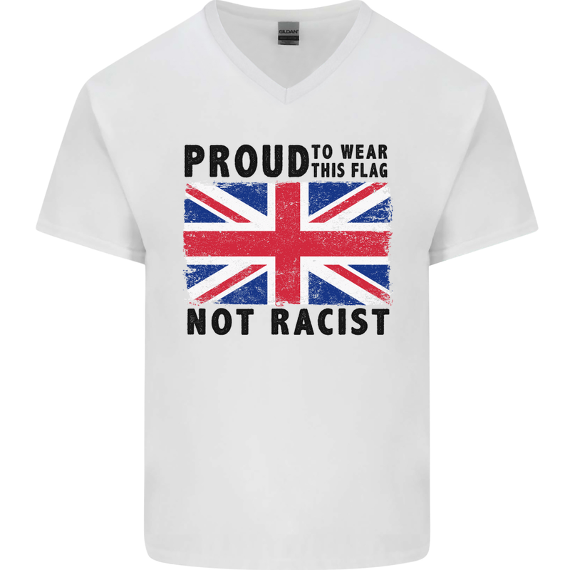 Proud to Wear Flag Not Racist Union Jack Mens V-Neck Cotton T-Shirt White