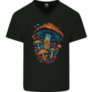 Psychedelic Magic Mushrooms LSD Trippy Mens V-Neck Cotton T-Shirt Black