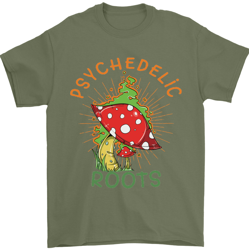 Psychedelic Roots Magic Mushrooms LSD Hippy Mens T-Shirt 100% Cotton Military Green